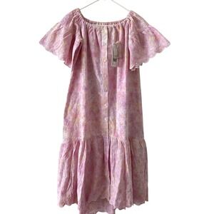 Sundress Sandra Eyelet Tie Dye Maxi‎ Dress Off Shoulder Flutter Sleeve Pink OS